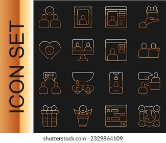 Set line International community, Two sitting men talking, BFF or best friends forever, Dating app online, Video chat conference, Good relationship, Complicated and  icon. Vector