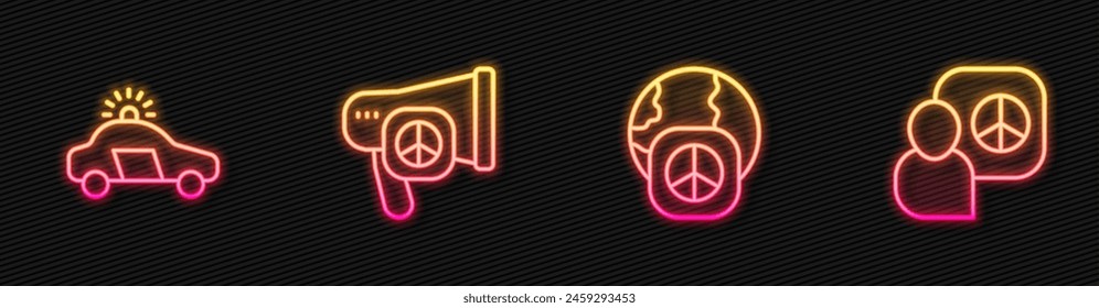 Set line International day of peace, Police car and flasher, Peace and talks. Glowing neon icon. Vector