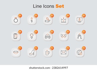 Set line International Women Day, Envelope with 8 March, Coffee cup and heart, Woman shoe, Smiling lips, Glass champagne, Gift bow and Bedroom icon. Vector