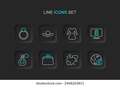 Set line International Women Day, Heart, Handbag, Perfume, 8 March, Woman dress, Elegant women hat and Diamond engagement ring icon. Vector