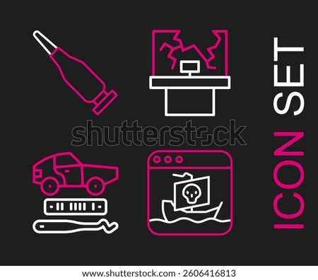 Set line Internet piracy, Car theft, Broken window and Bullet icon. Vector