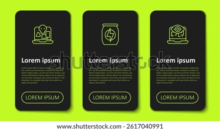 Set line Internet piracy, Energy drink and Computer vision. Business infographic template. Vector
