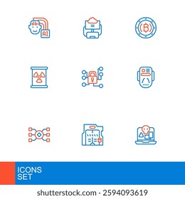 Set line Internet piracy, Futuristic sliding doors, Neural network, Artificial intelligence robot, Radioactive waste barrel, Cyber security, Cryptocurrency coin Bitcoin and Cloud database icon. Vector
