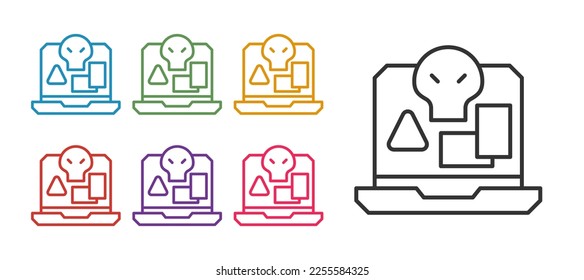 Set line Internet piracy icon isolated on white background. Online piracy. Cyberspace crime with file download and movies sharing. Set icons colorful. Vector