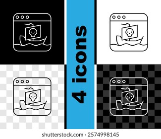 Set line Internet piracy icon isolated on black and white, transparent background. Online piracy. Cyberspace crime with file download and movies sharing.  Vector