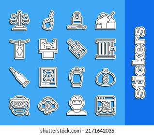 Set Line Internet Piracy, Money Bag, Prison Window, Lock Picks For Lock Picking, Broken, Laundering, Scales Of Justice And Whiskey Bottle Icon. Vector