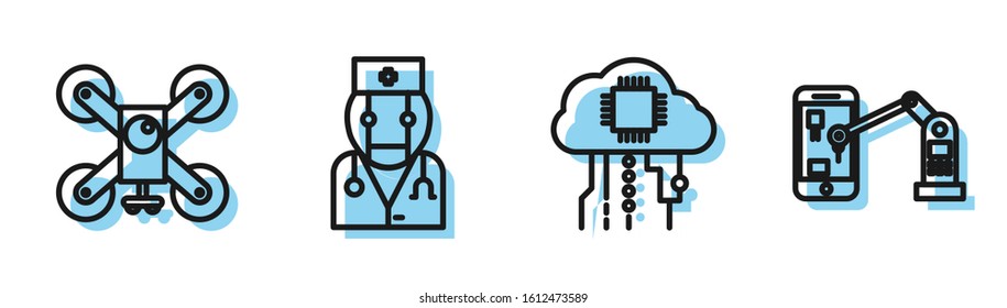 Set line Internet of things, Drone flying with action camera, Robot doctor and Industrial machine robotic robot arm hand icon. Vector