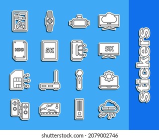 Set line Internet of things, Laptop and gear, Monitor display with 5k video, Virtual reality glasses, Tablet text, Hard disk drive HDD, 3D printer and Smartphone, mobile phone icon. Vector