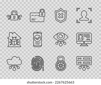 Set line Internet of things, Server, Data, Web Hosting, Shield with cross mark, Fingerprint, Cyber security, Smartphone, Safe combination lock and Create account screen icon. Vector