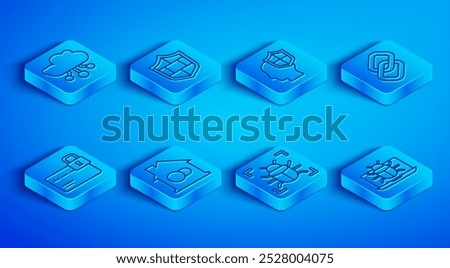 Set line Internet of things, Shield with brick wall, Head shield, Smart home, System bug, Chain link, Credit card lock and on monitor icon. Vector