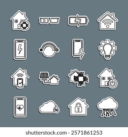 Set line Internet of things, Smart home, Light bulb and gear, Battery, Thermostat, Mobile charging battery,  and  icon. Vector