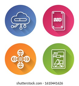 Set line Internet of things, SSD card, Drone and 3D printer. Color circle button. Vector