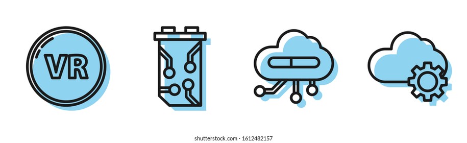 Set line Internet of things, Virtual reality, Video graphic card and Cloud technology data transfer and storage icon. Vector