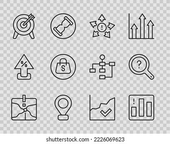 Set line Intersection point, Pie chart infographic, Many ways directional arrow, Location, Target, Shopping bag with Sale, Financial growth increase and Unknown search icon. Vector