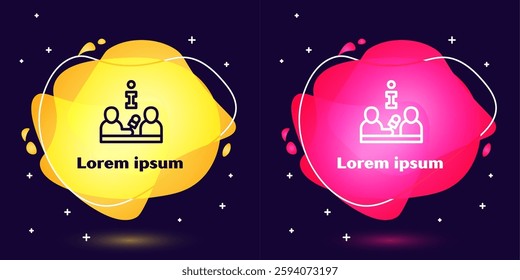 Set line Interview with a famous person icon isolated on blue background. Television or internet broadcast where a journalist talks to a celebrity. Abstract banner with liquid shapes. Vector