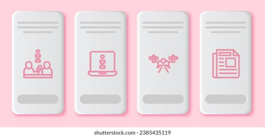 Set line Interview, Information, Drone and News. White rectangle button. Vector