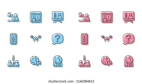 Set line Interview, World news, Breaking, Live report, Drone, Speech bubble chat, Information and  icon. Vector
