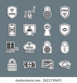 Establecer línea Invisible u ocultar, Cerradura, Escudo y ojo, Rueda de bloqueo de combinación segura, Monitor con Contraseña, Escaneo móvil, VPN inalámbrico e ícono de Keyhole. Vector