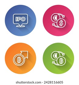 Set line IPO, Money exchange, Financial growth and bitcoin and Cryptocurrency. Color circle button. Vector