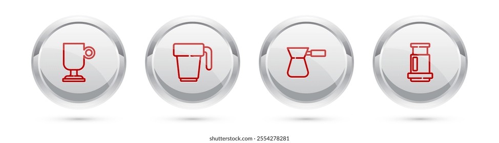 Set line Irish coffee, Coffee cup, turk and Aeropress. Silver circle button. Vector