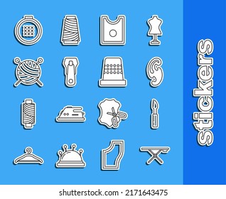 Set line Ironing board, Cutter tool, French curves, Sewing Pattern, Zipper, Yarn ball with knitting needles, Round adjustable embroidery hoop and Thimble for sewing icon. Vector