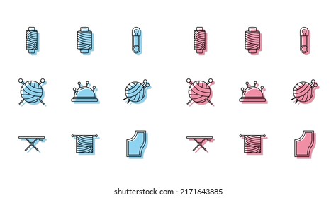 Set line Ironing board, Knitting, Sewing thread spool, Pattern, Needle bed and needles, Yarn ball with knitting,  and  icon. Vector