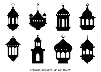 Set of Line Islamic Arabic Lantern Symbol Icon Collection Set vector