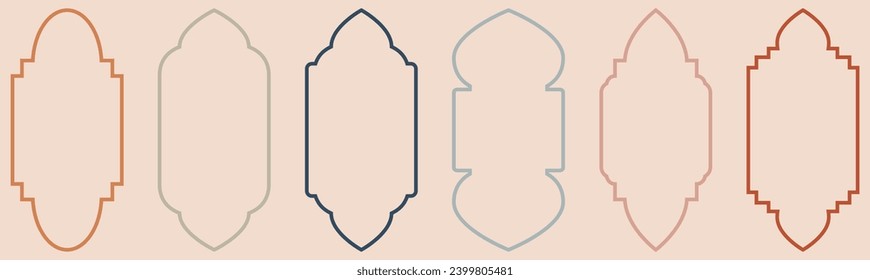 Reihe islamischer Tür und Fenster. Rahmen in arabisch-muslimischem Design für Ramadan Kareem. Vektorgrafik
