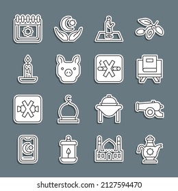 Set line Islamic teapot, Ramadan cannon, Holy book of Koran, Muslim man prays, Pig, Burning candle, calendar and No Smoking icon. Vector