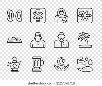 Set line Islamic teapot, Wudhu, Muslim woman in hijab, Medieval goblet, Date fruit, Star and crescent and Tropical palm tree icon. Vector