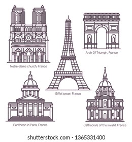 Set of line isolated French sightseeing landmarks