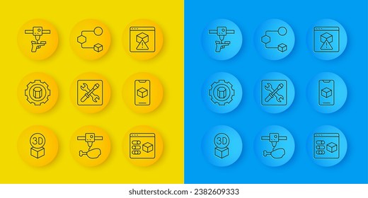 Establecer el cubo isométrico de línea, la configuración de impresora 3D, el software, la pistola y el icono. Vector