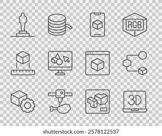 Set line Isometric cube, 3D printer, software, chicken leg, model,  and  icon. Vector