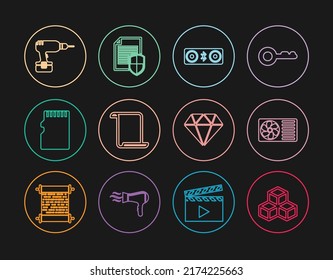 Fijar línea cubo isométrico, acondicionador de aire, altavoces, desplazamiento de papel, tarjeta de memoria Micro SD, máquina de perforación, icono de Diamante y protección de documentos. Vector