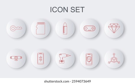 Set line Isometric cube, Diploma rolled scroll, Bullet, Smartphone with shield, Key, Micro SD memory card,  and Drill machine icon. Vector