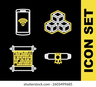 Set line Isometric cube, Diploma rolled scroll, Paper and Earth globe icon. Vector