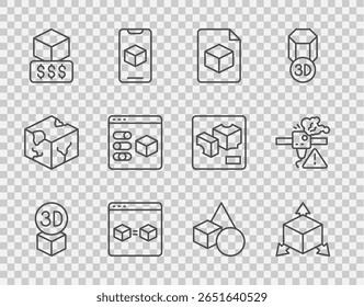 Set line Isometric cube, file, 3D printer perfect copy, services, Basic geometric shapes and warning icon. Vector