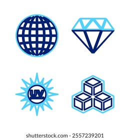 Set line Isometric cube, Laptop with shield, Umbrella and Earth globe icon. Vector