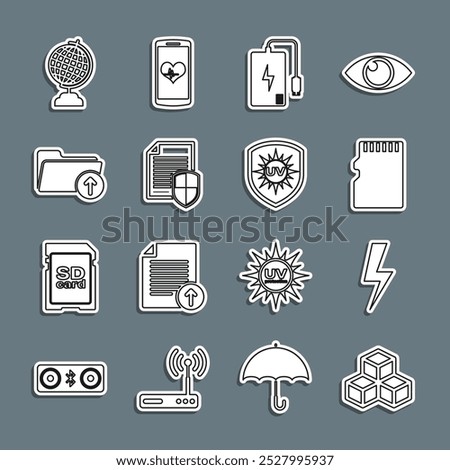 Set line Isometric cube, Lightning bolt, Micro SD memory card, Power bank, Document protection, Download arrow with folder, Earth globe and UV icon. Vector