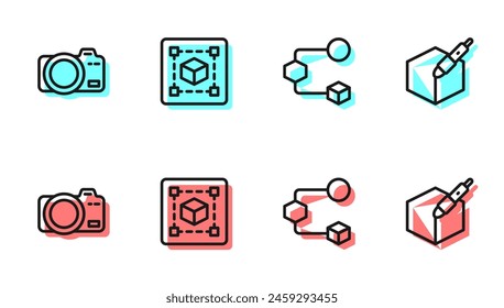 Set line Isometric cube, Photo camera, Geometric figure Cube and 3d pen tool icon. Vector