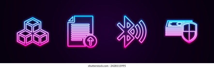 Set line Isometric cube, Upload file, Bluetooth connected and Money protection. Glowing neon icon. Vector