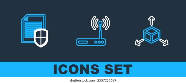 Set line Isometric cube, Wheat and Router and wi-fi icon. Vector