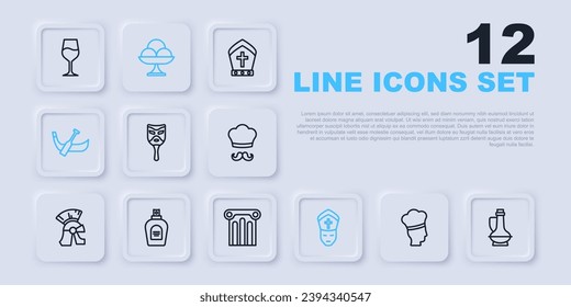 Set line Italian cook, Bottle of olive oil, Carnival mask, Pope, Gondola boat, Perfume, Ice cream in the bowl and Ancient column icon. Vector