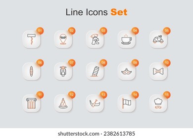 Set line Italian cook, Flag Italy, Gondola boat, Slice of pizza, Ancient column, Macaroni, Carnival mask and Leaning tower in Pisa icon. Vector