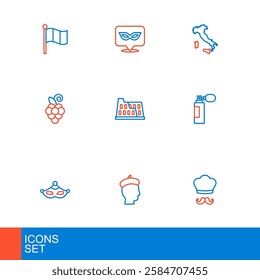 Set line Italian cook, French man, Carnival mask, Perfume, Grape fruit, Coliseum, Map of Italy and  icon. Vector