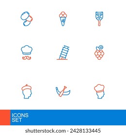 Set line Italian cook, Gondola boat, French man, Grape fruit, Leaning tower in Pisa, Carnival mask and Ice cream waffle icon. Vector