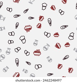 Set line Italian cook, Ice cream in waffle, Carnival mask and Pasta spaghetti on seamless pattern. Vector