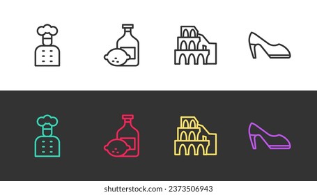 Set line Italian cook, Limoncello bottle, Coliseum in Rome and Woman shoe on black and white. Vector