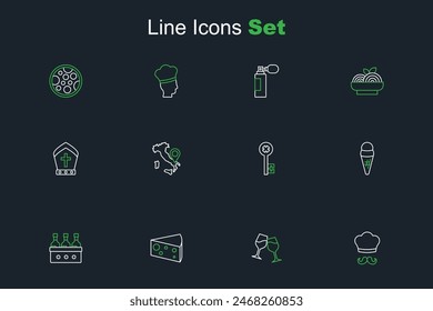 Set line Italian cook, Wine glass, Cheese, Bottles of wine, Ice cream waffle, Old key, Map Italy and Pope hat icon. Vector