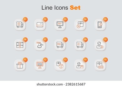 Set line Item price tag with dollar, Buyer, Hot, Online shopping on screen, Gift box, Delivery cargo truck and Free delivery service icon. Vector
